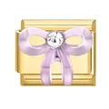 Italienisches Charm-Glied mit goldener Basis, lila Schleife und Kristallzirkon - Lila Schleife Strass Stil / 1cm x 0,9cm
