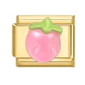 Italian charm link with a pink enamel strawberry on a modular gold-finished metal base - Pink Strawberry