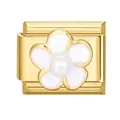 Italian charm gold modular link featuring white enamel flower and pearl detail - 1.0cm x 0.9cm / Pearl Flower Style