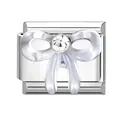 Italian modular charm featuring a white bow and sparkling crystal in silver finish - 1x0.9cm / Blue Rhinestone Bow (M292856)