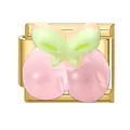 Italian charm link with gold finish featuring pink cherry and light green bow design - White Pink Cherry