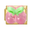 Italian charm bracelet link with gold base and sweet 3D pink cherries design - Pink Cherry