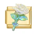Italienischer Modul-Charm mit Goldbasis und schillerndem Perlmutt-Rosendesign - Weiße Rose Aurora Stil / 1cm x 0,9cm