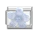 Italian link charm in silver stainless steel with iridescent glitter flower design - 1x0.9cm / Blue Glitter Flower (M292856)