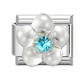 Italian charm link with silver flower, white pearls, and blue crystal accent - 1x0.9cm / White Flower with Blue Rhinestone (M292856)
