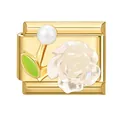 Italian charm link with gold finish featuring a white rose, pearl, and green leaf - 1.0cm x 0.9cm / White Branch Flower Style