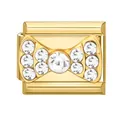 Golden Italian charm link featuring a crystal-encrusted bow design for modular bracelets - White Diamond Bowknot