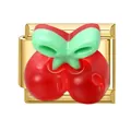 Italian charm gold base with red cherry charms and a green bow for bracelets - Red Cherry