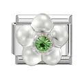 Italian charm bead with a white flower and green crystal center on silver base - 1x0.9cm / White Flower with Green Rhinestone (M292856)