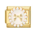 Italian style gold modular charm with white bow motif and pearl border for DIY bracelet - 1.0cm x 0.9cm / White Round Style