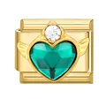 Italian charm link in gold with green heart gem and golden wings for DIY bracelets - Green Zircon Heart