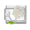 Italienischer Charm mit weißer Reliefrose, Perle und grünem Blatt auf Edelstahlbasis - Weißer Blumenzweig