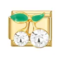 Golden cherry charm module with clear crystals and green enamel leaf for DIY bracelets - 1.0cm x 0.9cm / White Crystal Cherry Style