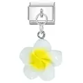 Italian charm link featuring a silver stainless steel base and white plumeria flower drop - White Yellow (2)