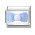 Italienisches Charm-Glied mit hellblauer Emaille-Schleife und weißer Perlenverzierung - Blaue Schleife