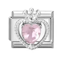 Italienischer Charm mit rosa Herz-Kristall und Krone für DIY-Armbänder in Silber - Rosa Zirkonia Herz