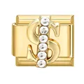 Golden Italian charm link for modular bracelets with crystal-studded dollar sign symbol - 1.0cm x 0.9cm / Dollar Sign Style