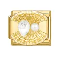 Golden shell charm with drop-cut zircon and white pearl for modular bracelets - Shell