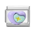 Italian modular charm link with purple and green heart design in polished steel - Blue And Purple Heart