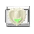 Italian charm link with cream heart and green stripes in polished stainless steel - Heart Tulip