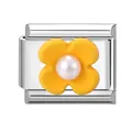 Italian charm link with a bright yellow flower and white pearl in silver stainless steel - Yellow Floral