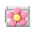 Italian charm link in stainless steel featuring a pink floral design with yellow center - Pink Floral