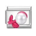 Italian charm link with pink enamel leaves and a white pearl on stainless steel base - Pearl Rose Flower