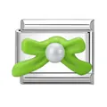 Italian charm link featuring a green enamel bow and white pearl in stainless steel - Green Bow