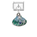 Italienisches Charm-Glied aus Edelstahl mit blau-grünem Muschel-Anhänger und Strassstein - Seemuschel Seestern - Blaugrüner Verlauf