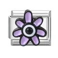 Italian charm link featuring purple enamel flower and evil eye in stainless steel - Purple Evil Eye Flower