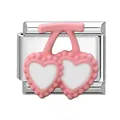 Italian charm module in stainless steel with pink and white cherry heart design - White Heart Cherry