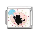 Italian modular charm featuring a black cartoon cat with a blue umbrella on pink dots - 1x0.9cm / Black Cat Umbrella