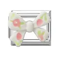Italian charm link in polished stainless steel with white bow and pink cherry motif - Bowknot Flower