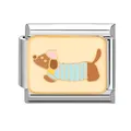 Italian modular charm featuring a cute cartoon dachshund on stainless steel base - 1x0.9cm / Brown Dachshund Striped Shirt