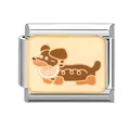 Italian charm link with cute cartoon dachshund design on a golden stainless steel base - 1x0.9cm / Brown Dachshund
