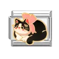 Italian charm link with cute black and white cat design in polished stainless steel - 1x0.9cm / Lying Black White Cat