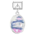 Italian charm link with starry sky oval pendant and white pearl in stainless steel - Silver Starry Planet Zircon