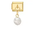 Goldenes modulares Charm-Glied mit weißem Perlenanhänger für DIY-Schmuckarmbänder - Geprägte Strukturierte Runde Perle