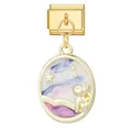 Gold-tone modular Italian charm featuring a dreamy starry sky and cat pendant detail - Gold Round Plate Starry Sky Cat