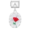 Silver modular Italian bracelet link with red flower oval charm and zircon stones - Red Floral Style (M292872)