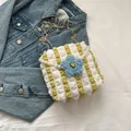 Yellow and white striped bubble crossbody bag with blue floral charm and pearl handle - With Pearl Chain Style / Yellow