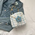 Blue and white seersucker chain bag with flower decoration and pearl handle - Blue