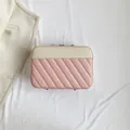 Pink and beige striped quilted box handbag with textured tweed fabric on side - Pink