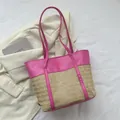 Große Strandtasche aus rosa Leder und Strohgeflecht für Damen Sommer Urlaub Mode - Fuchsia