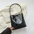 Minimalist black patent leather underarm bucket bag with pink butterfly embroidery - Butterfly Design / Black