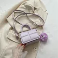 Light purple plaid mini crossbody bag with cute plush ball charm and top handle strap - With Pendant / Purple