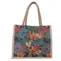 Retro floral linen tote bag with jute handles and large capacity for casual commuting - Dark Blue Multicolor Flower (Style 4)