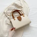 Beigefarbene Umhängetasche mit braunem Griff und goldenen Beschlägen auf hellem Hintergrund - Beige