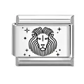 Silver stainless steel Italian charm with engraved black Leo lion and stars - Leo / 1x0.9cm