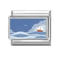 Italian charm link with nautical sailboat and seagull design in stainless steel - Sailboat and Seagull Pattern (Ocean-2)